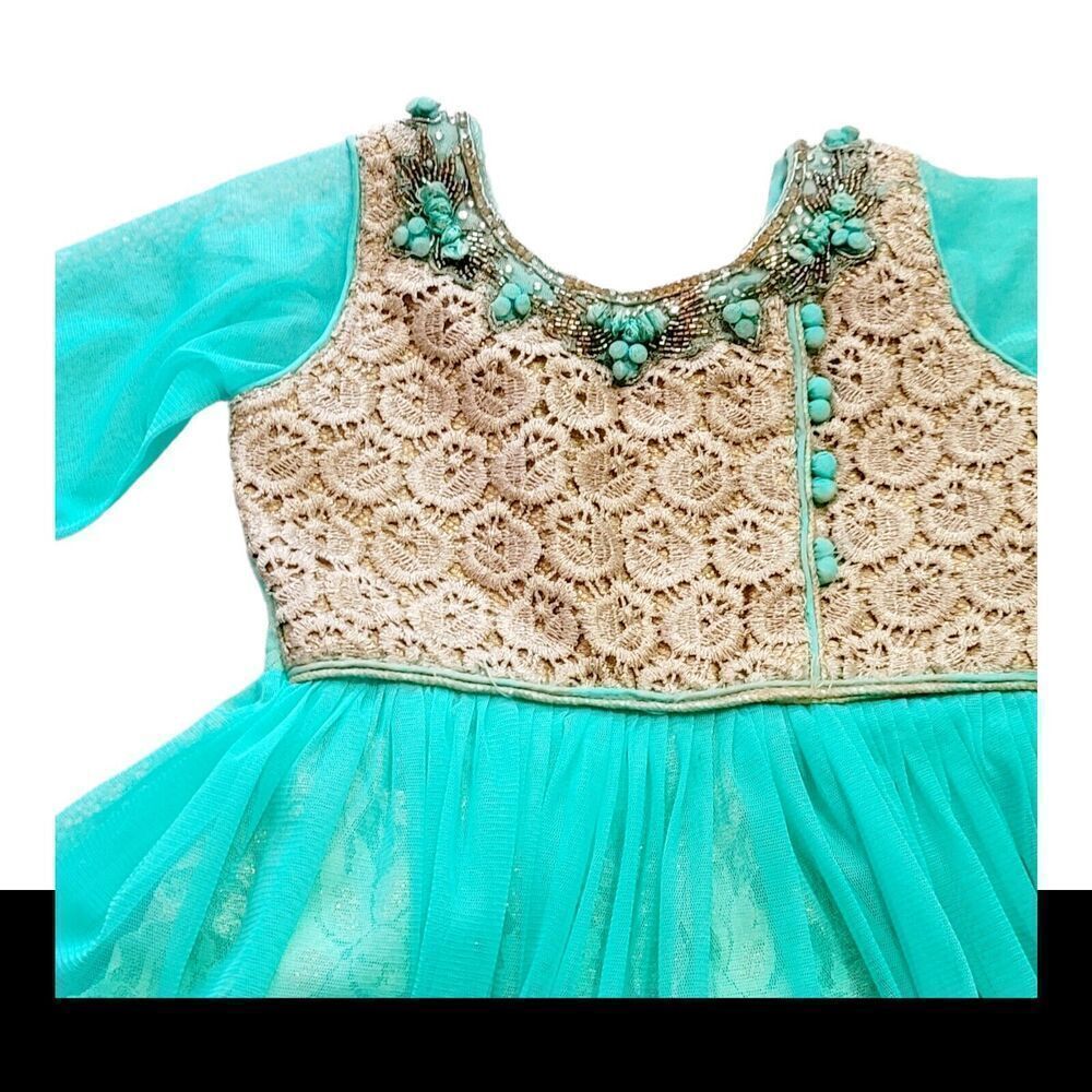 Beautiful Turquoise Blue And Gold Girls Dress Hand Embroidered Front Net Sleeves - Picture 3 of 11